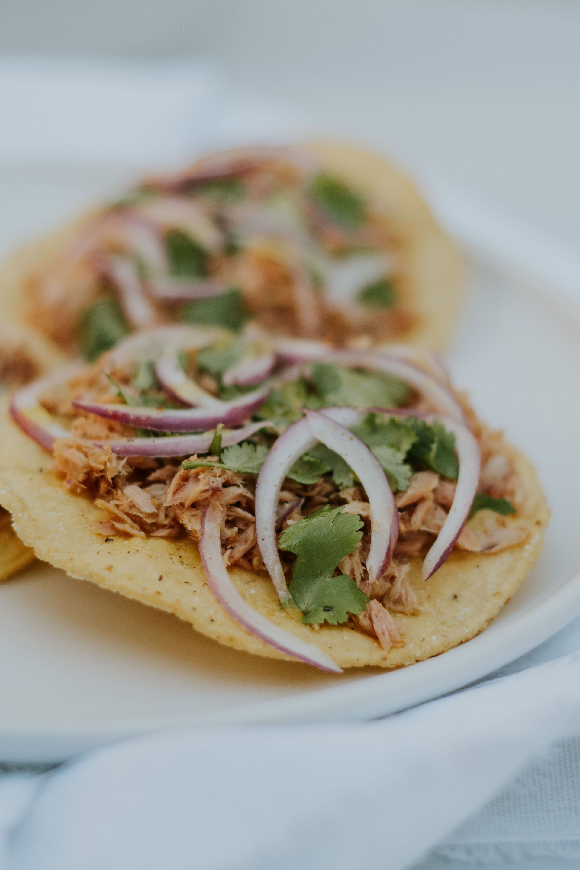 Close-up of Mexican tostadas topped with meat, red onion, and cilantro.